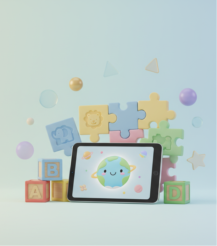 Create a realistic, high-quality hero image for a kids-focused online store called Internet Bay LLC. The image should feature soft 3D-rendered educational objects such as puzzle pieces, alphabet blocks, and a learning tablet arranged in an aesthetically pleasing layout. Include subtle floating geometric shapes or soft light effects to add depth. Background should be soft neutral or pastel, bright and clean. Leave clear space for heading and benefit bullets on one side. Style should be modern, premium, profe