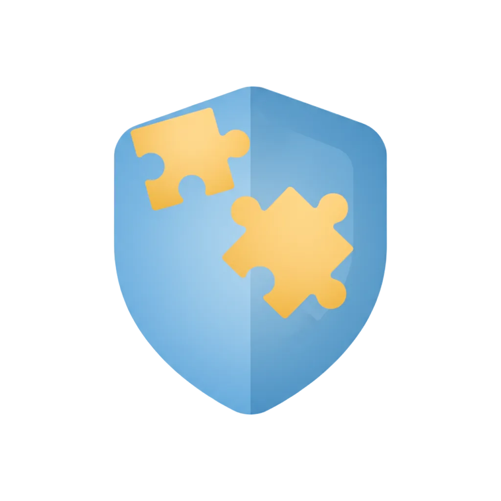 Create a simple, modern icon representing safe and educational toys. Use a shield + puzzle piece style, friendly rounded lines, soft blue (#4FA3F7) and warm yellow (#FFD966) accents. Clean, minimal, transparent background.