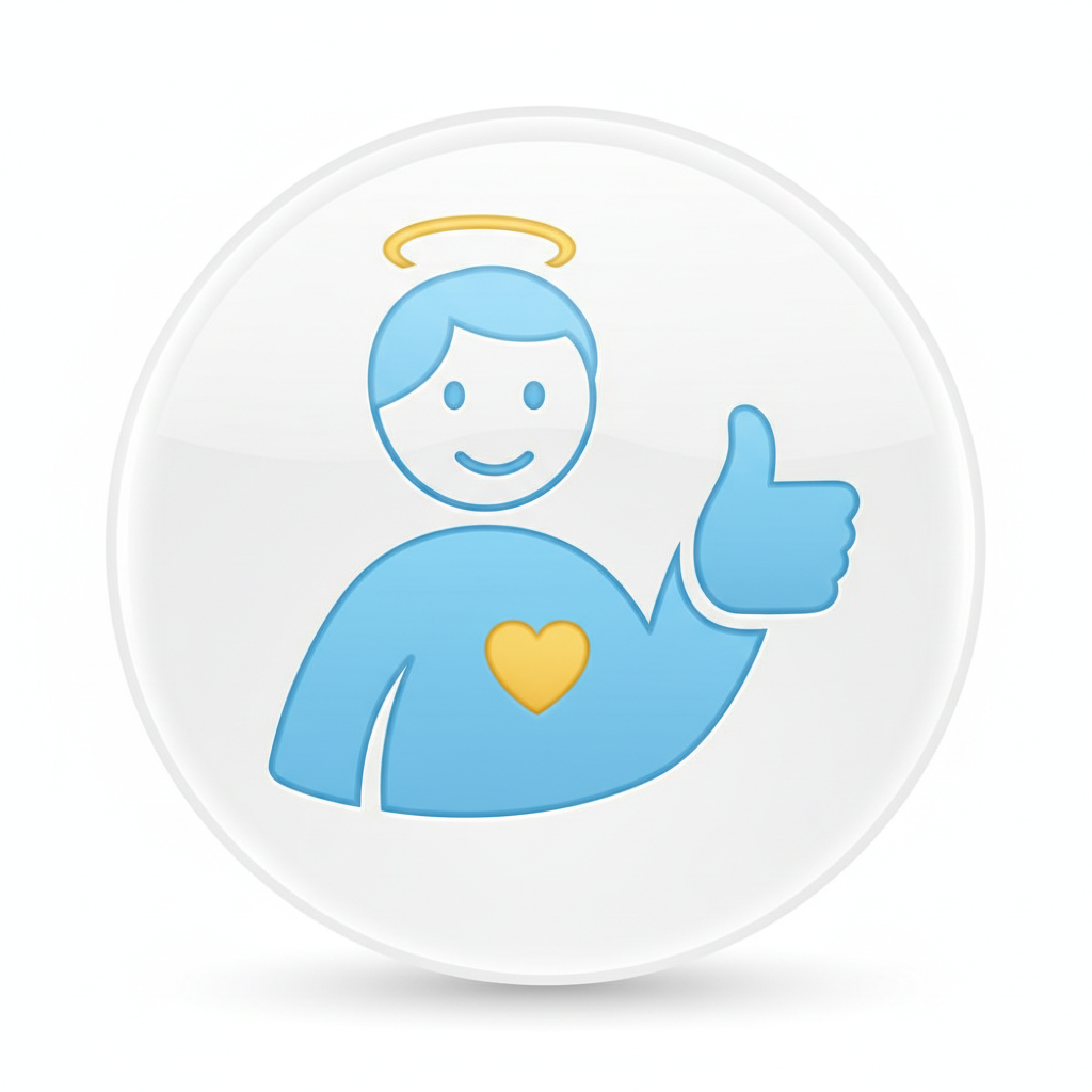 Create an icon representing trust or parent approval, e.g., a parent figure or thumbs-up symbol. Rounded, clean style, soft blue and yellow accents, transparent background.